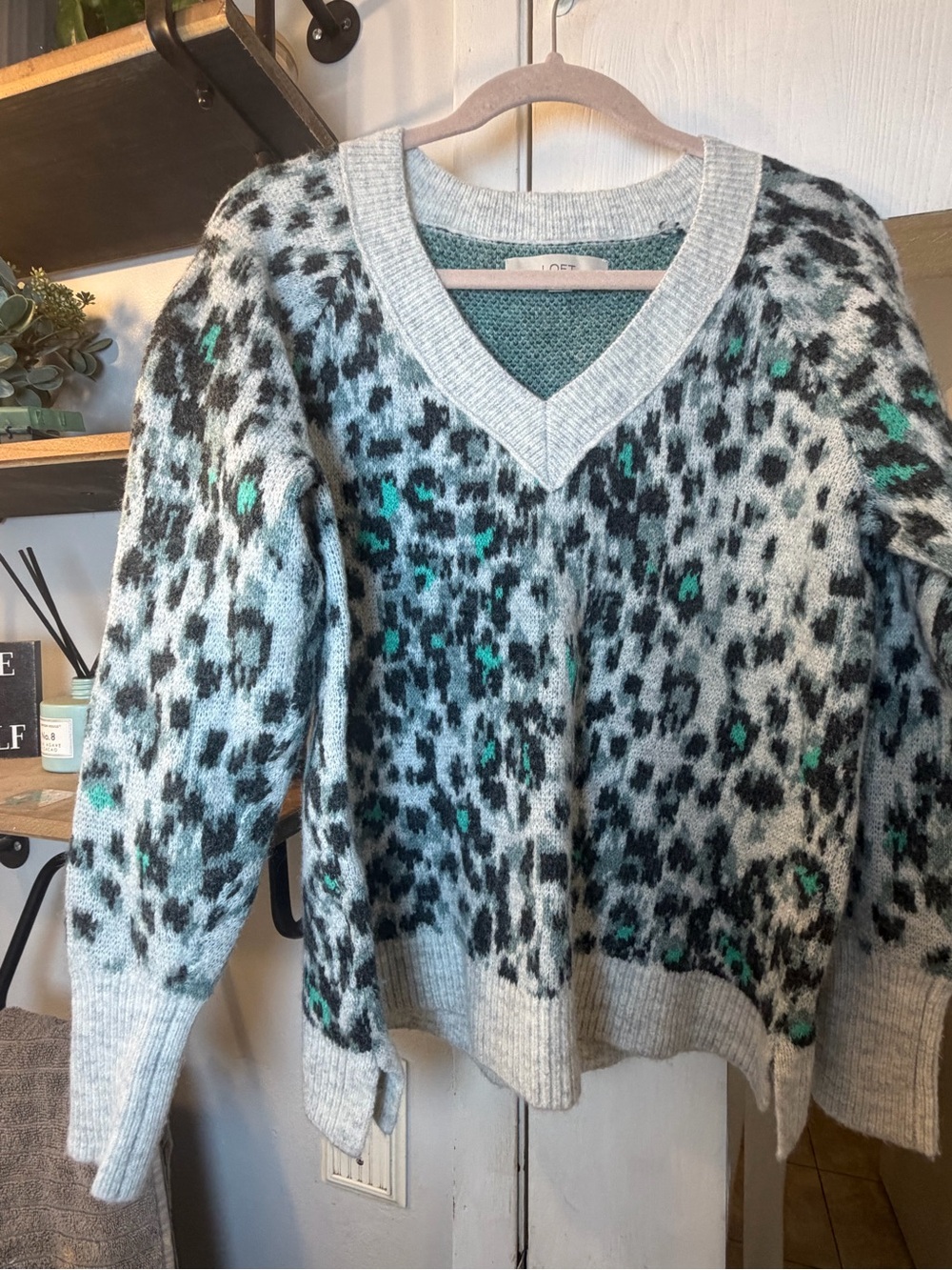 LOFT Grey Leopard-Print V-Neck Sweater with Teal Accents